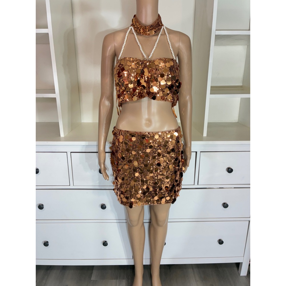 Sequin Skirt Set Women Small Copper Pearl Halter Crop Top Mini 2 Piece